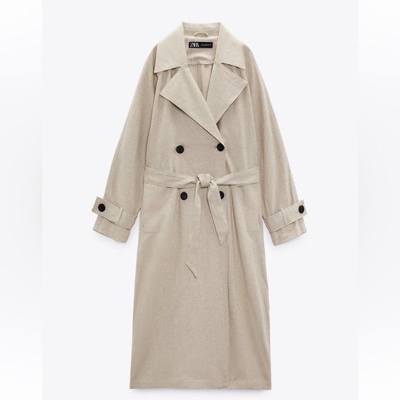 New Zara Beige Tan Linen Trench Coat Jacket Outer wear S - Picture 1 of 10